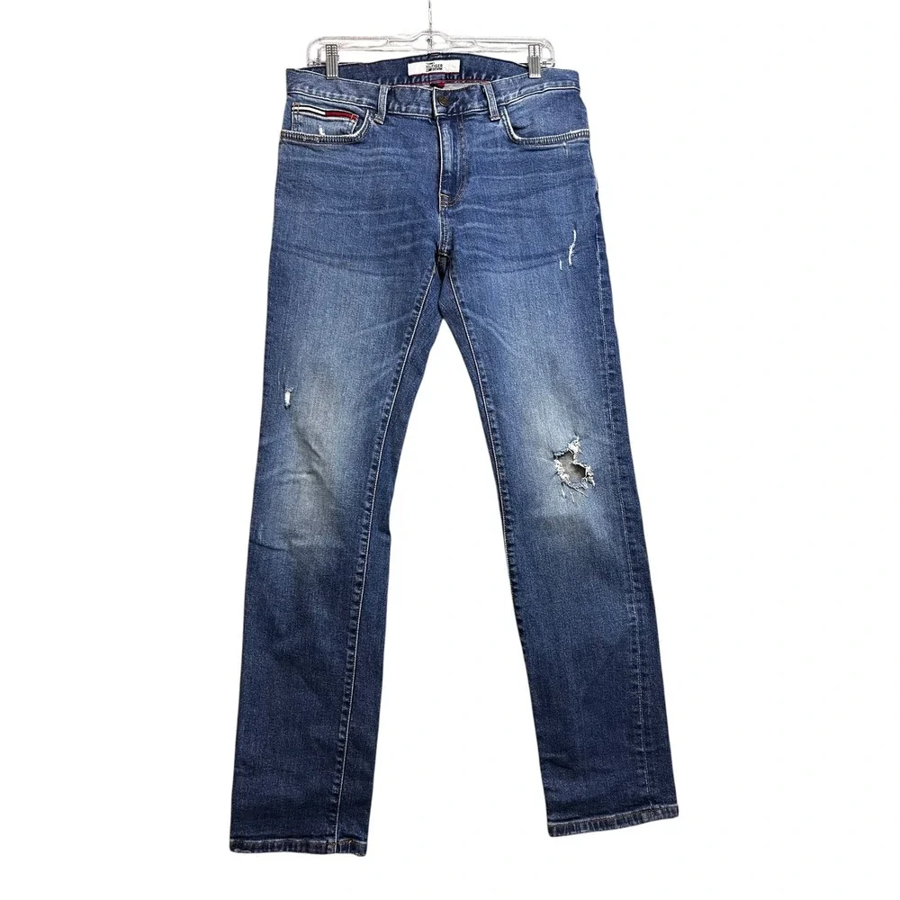 Tommy Hilfiger Denim Mens Distressed Straight Leg Ripped Jeans 32x32 Y2K Grunge